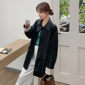 袖口拼接黑色皮衣外套女2025春季新款高级感简约宽松中长款上衣潮图片