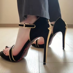 25款一字带露趾12厘米超高细跟中空真皮凉鞋女利刃权杖红底凉鞋