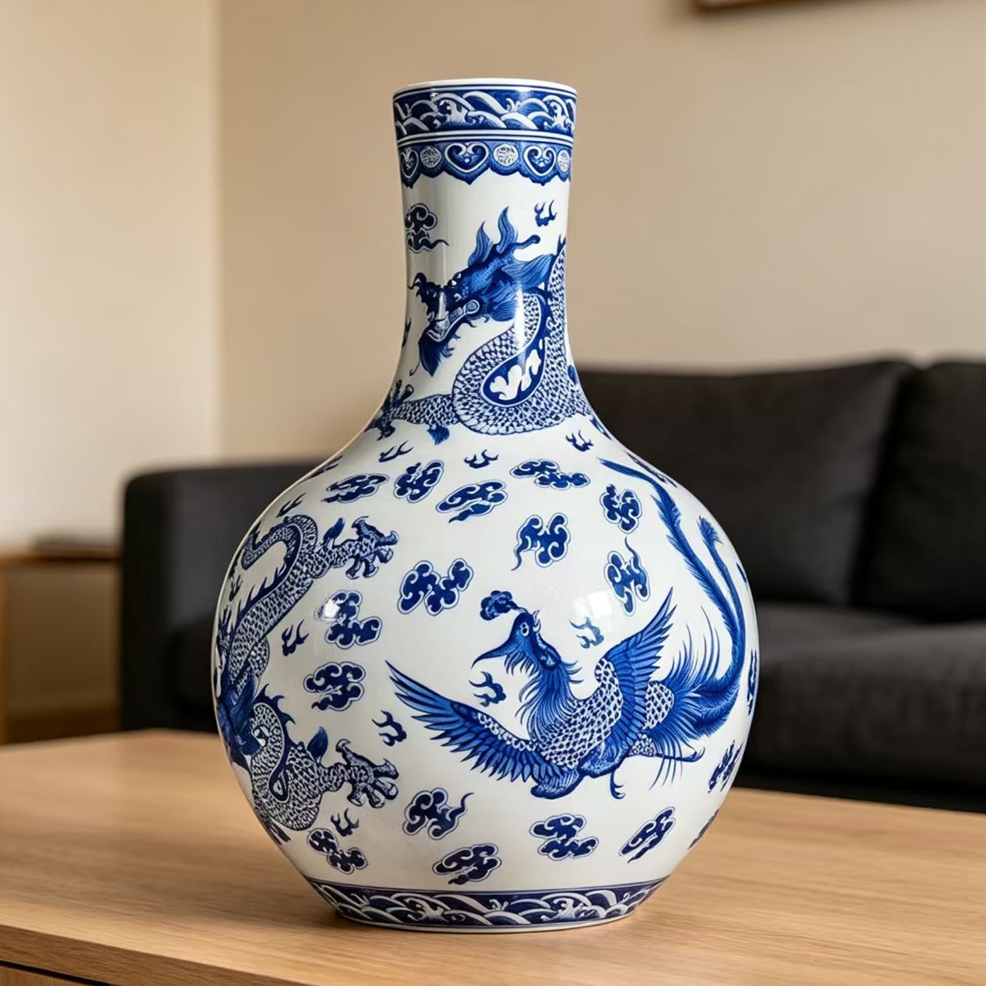 仿古手绘青花瓷龙凤天球瓶景德镇陶瓷花瓶客厅插花博古架玄关摆件