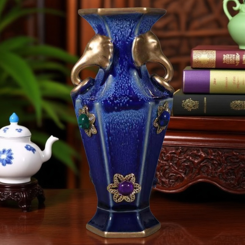 钧窑窑变迎福双耳瓶古瓷旧货收藏精品家居装饰收藏花器插花瓶摆件