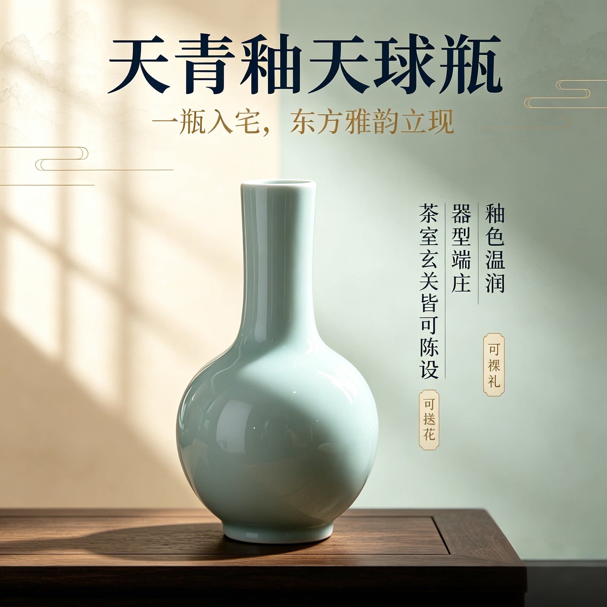 景德镇天青釉天球瓶新中式茶室茶桌小花瓶仿古插花博古架陶瓷摆件