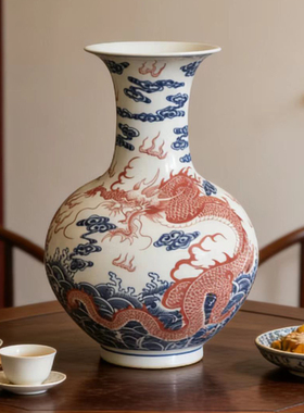 仿古手工釉里红青花瓷景德镇陶瓷花瓶中式客厅插花博古架玄关摆件