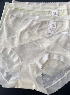 夏薄中高腰网纱蕾丝内裤性感交叉微收腹短裤桑蚕丝裆透气女80286