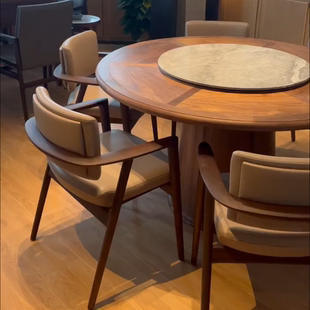 新中式 乌金木实木圆形带转盘餐桌家用别墅酒店会所高级餐桌椅组合