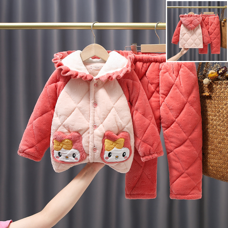 儿童秋冬戴帽睡衣三层加厚牛奶绒法兰绒夹棉家居服宝宝珊瑚绒套装