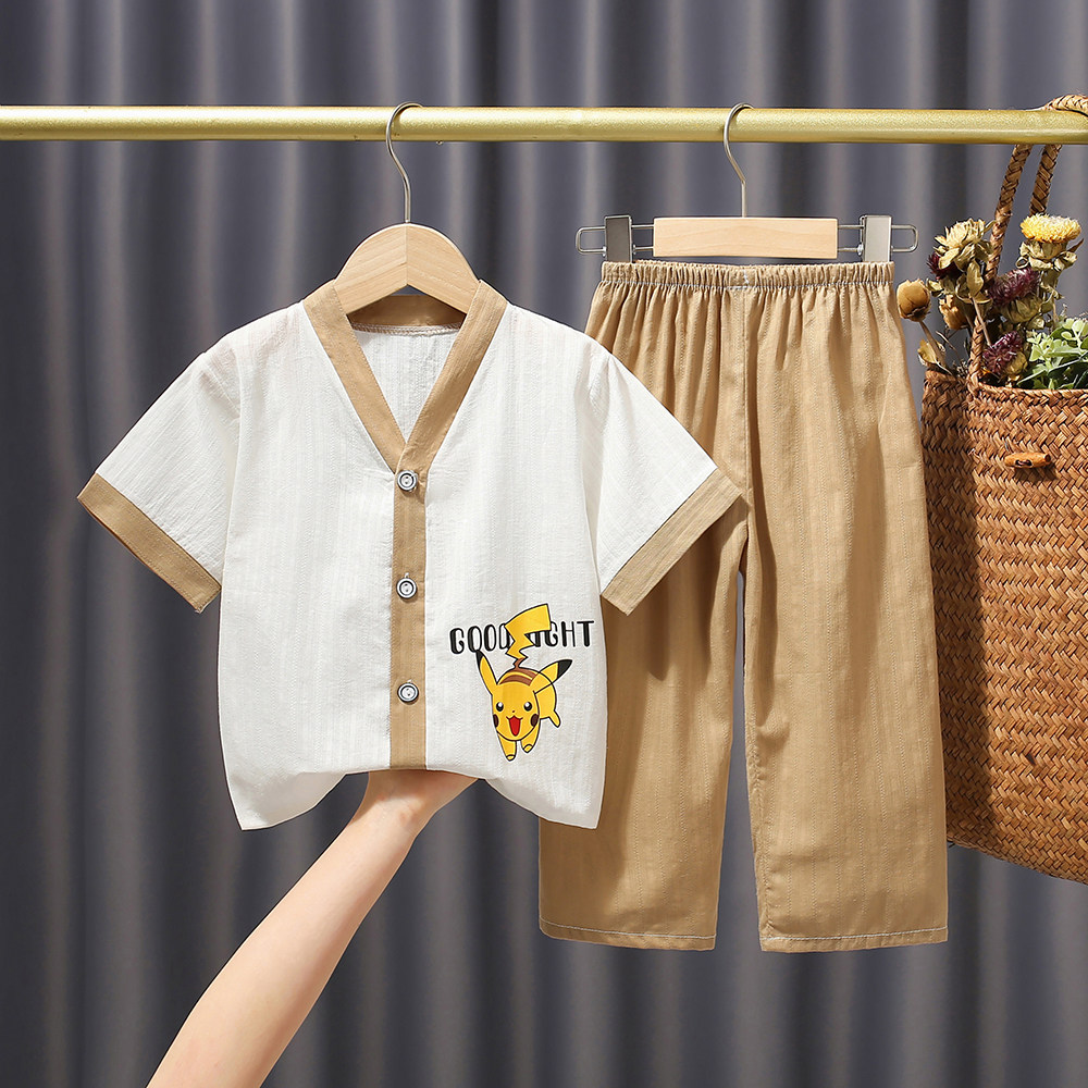儿童春夏季高档纯棉纱空调家居服套装小孩纱布短袖长裤儿童睡衣