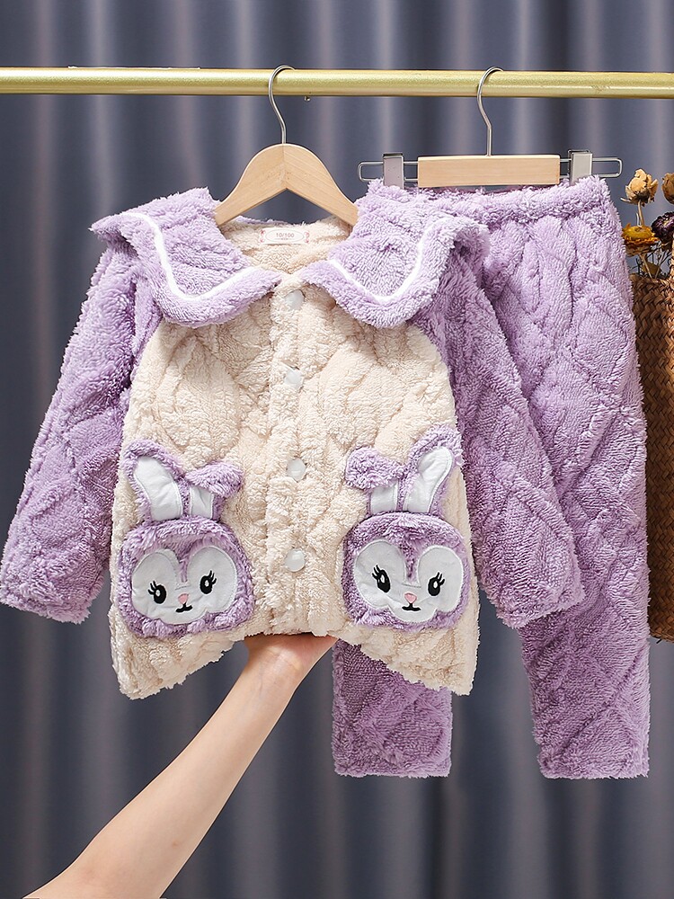 WINTER NEW GIRLS PAJAMA SET THREE-LAYER THICKENED COTTON STRIPED FLANNEL GIRL BABY WARM LOUNGEWEAR