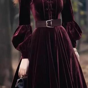 新中式女装国风正式场合礼服长裙气质超好看紫红丝绒连衣裙子秋冬
