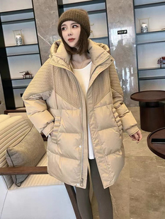 欧洲站连帽中长款羽绒服女冬季针织拼接小个子加厚白鸭绒皮草外套