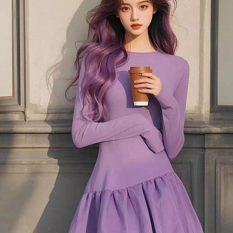 春季新款法式高级感气质名媛小众收腰超好看紫色拼接连衣裙女