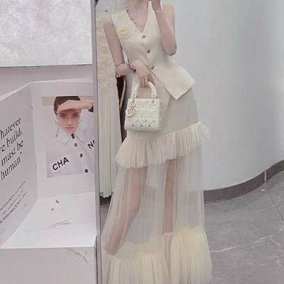 夏季流行穿搭一整套法式大方得体正式场合时尚白色马甲半身裙套装