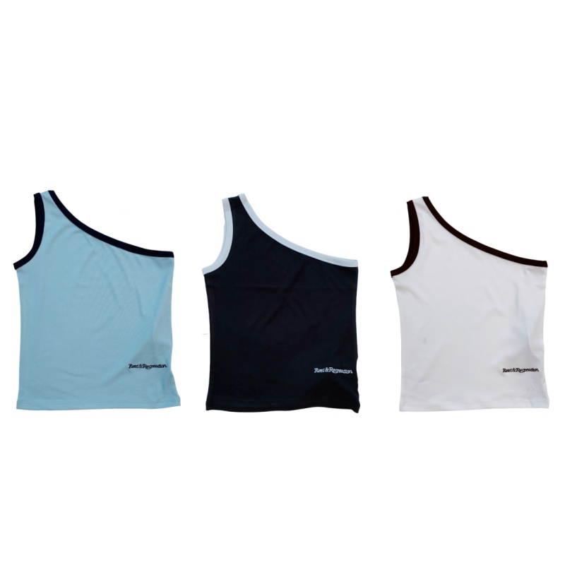 辣妹风拼色字母单肩露肩吊带背心