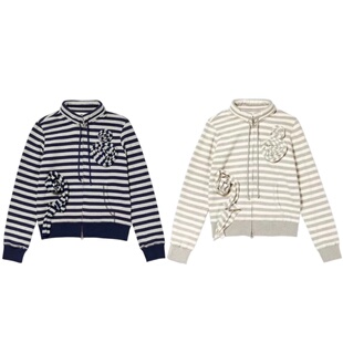 韩国小众OPEN早春立体玫瑰花抽绳双拉链撞色条纹立领短外套卫衣女