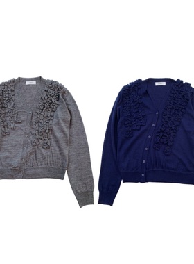 韩国小众LCDC不对称斜襟立体褶皱纽扣v领羊毛针织开衫外套上衣ins