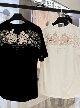 BOY翅膀花卉印花短袖T恤男女同款潮牌嘻哈风纯棉百搭