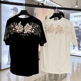 Boy's翅膀花卉印花短袖T恤男女同款潮牌嘻哈风纯棉百搭