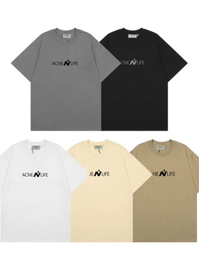 日系潮牌N字纯棉水洗圆领男女同款宽松情侣T恤