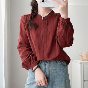 春秋新款纯棉文艺双层棉纱花边立领纯色衬衫女长袖宽松百搭衬衣