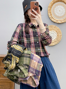 春秋新款全棉磨毛格子长袖衬衫女款翻领宽松休闲口袋格子衬衣外穿