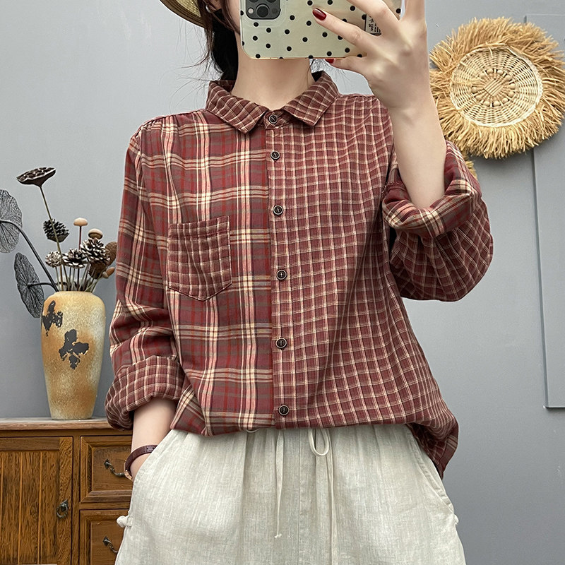 春秋新款全棉棉纱复古文艺风格子衬衫女长袖翻领宽松百搭港味衬衣