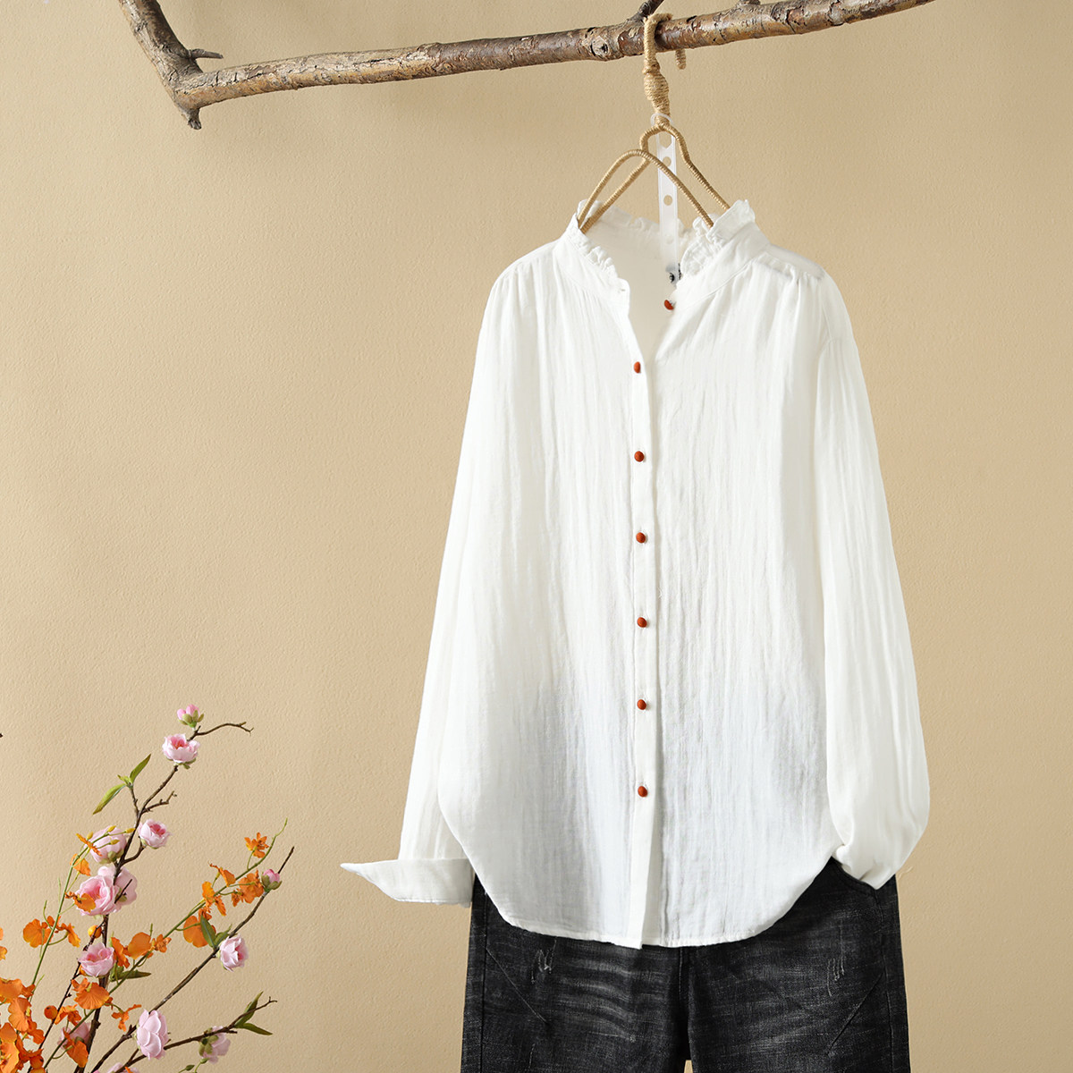 2024春秋新品双层棉纱长袖衬衫女韩版宽松立领木耳花边柔软白衬衣,女装/女士精品,衬衫,淘宝优惠券,粉丝福利购,淘宝优惠卷