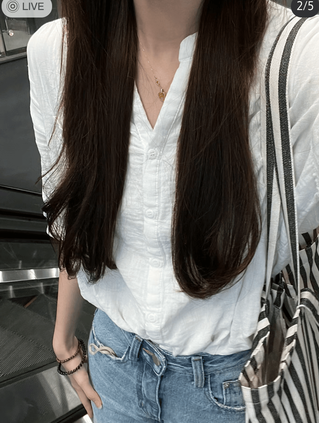 宽松版型V领五分袖纯棉棉纱衬衫