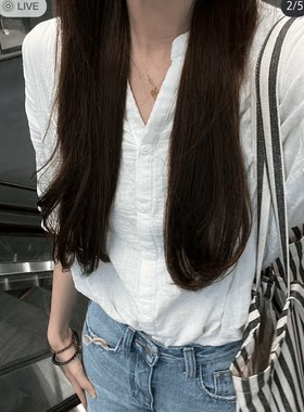宽松版型V领五分袖纯棉棉纱衬衫