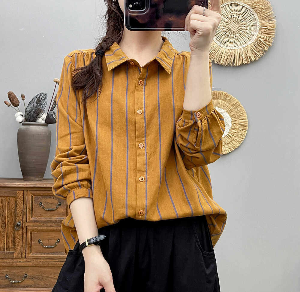 春秋装纯棉双层棉纱宽松方领条纹衬衫女长袖小清新文艺衬衣女上衣