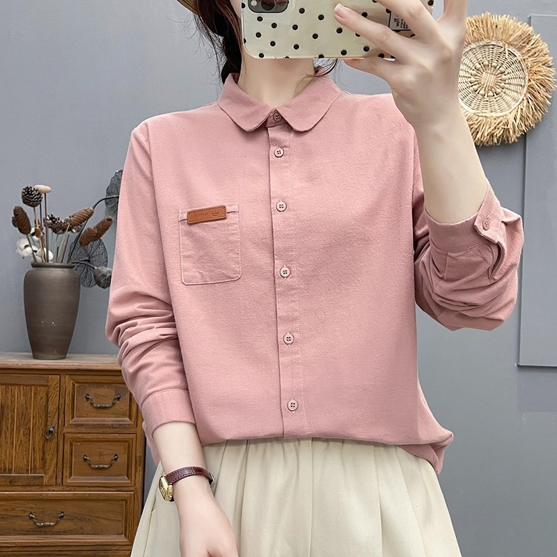 春秋新款全棉磨毛贴标长袖衬衫女