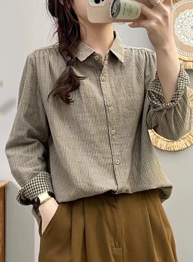 纯棉文艺复古细条纹衬衫女双层棉纱布长袖衬衣春秋新款百搭衬衣