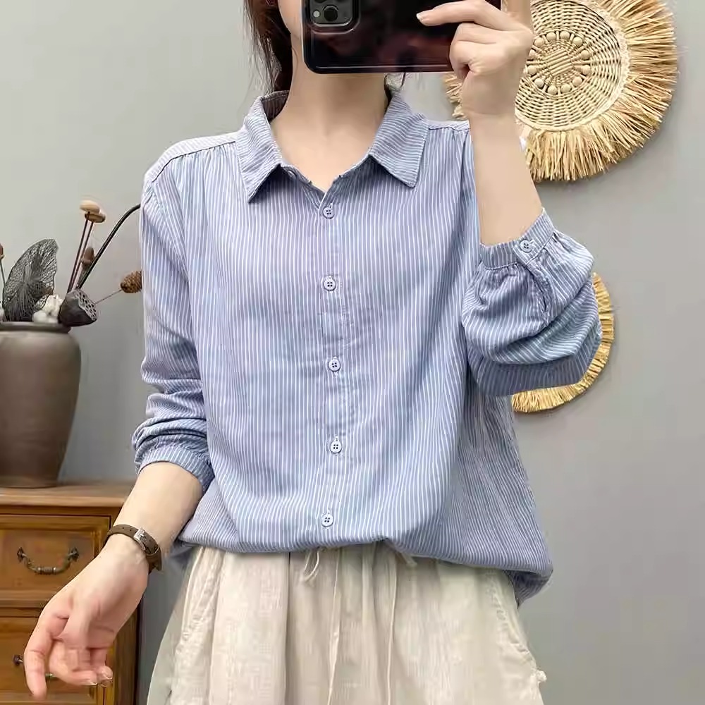 宽松韩版长袖全棉棉纱条纹衬衫女