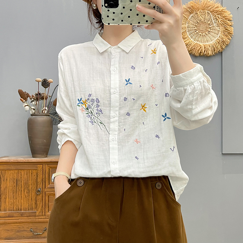 春秋新款全棉棉纱刺绣长袖女衬衫