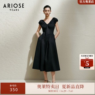 艾诺丝雅诗 新疆长绒棉收腰无袖抽褶V领露背连衣裙女夏季40519019