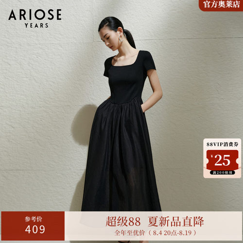 艾诺丝雅诗天丝&亚麻方领拼接短袖连衣裙女气质小黑裙夏40439097