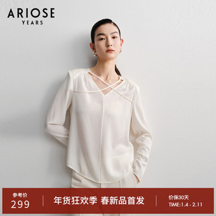 艾诺丝雅诗76.2%醋纤交叉绑带设计感V领衬衣女长袖上衣春40215069