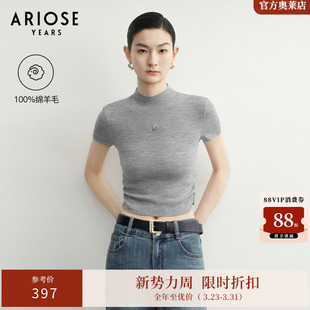 40728019 女春季 艾诺丝雅诗100%绵羊毛半高领短袖 收腰抽褶针织衫