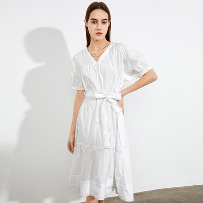 【呼呼专享】ARIOSEYEARS夏季新品V领收腰系带气质法式长款连