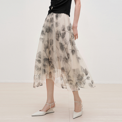 ARIOSEYEARS 国风刺绣中长半身裙女春季飘逸灵动纱30713520