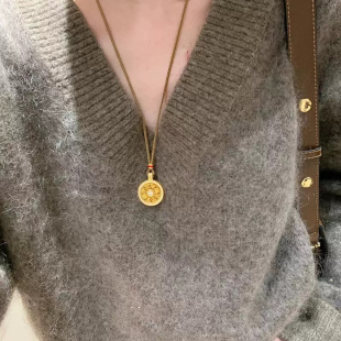 越南沙金八宝罗盘项链男女款古法传承吊坠黄金色编绳福牌毛衣链