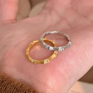 欧美金属银色竹节古法拉丝镶钻戒指女轻奢小众设计高级感精致手饰