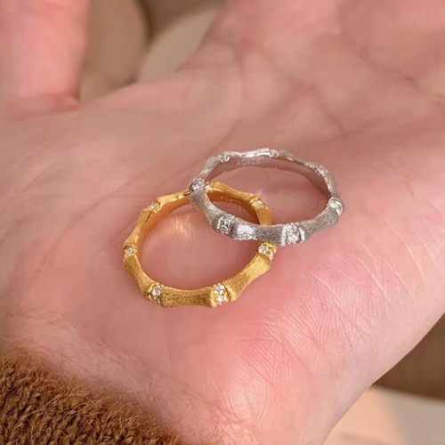 欧美金属银色竹节古法拉丝镶钻戒指女轻奢小众设计高级感精致手饰