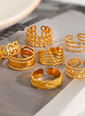 复古宫廷风秋冬黄铜质感不掉色欧美百搭戒指ins叠戴宽版指环经典