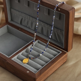 古风~古相思曲蓝色彩珠椭圆金牌新中式串珠项链颈链毛衣链显白