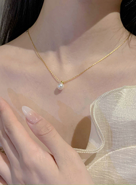 洗澡睡觉免摘气质仿真金一颗珍珠项链破碎感氛围感情怀港风锁骨链