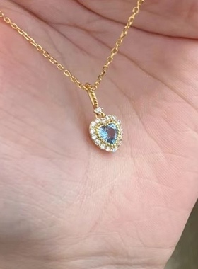 轻奢显白蓝色桃心锁骨项链