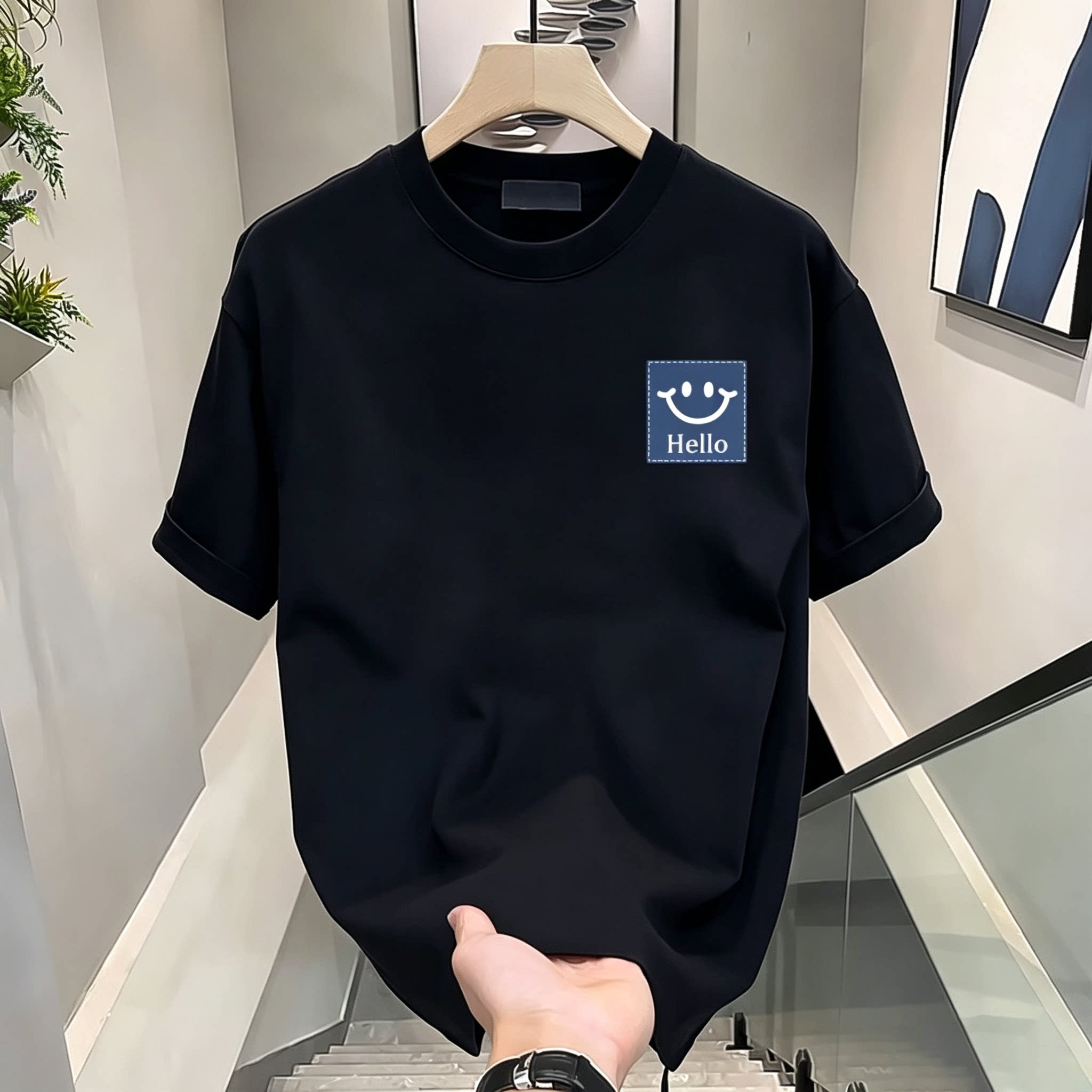 GLE笑脸纯棉宽松短袖T恤黑色
