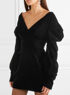 高端定制欧美大牌Candice糖糖同款丝绒露肩修身赫本风小黑裙礼服