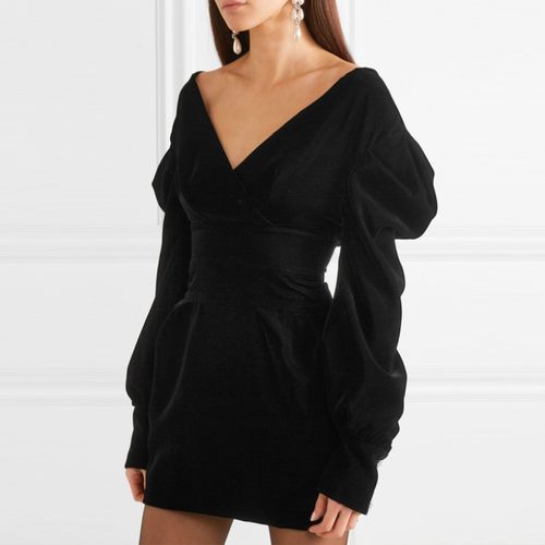 天鹅绒欧美镶钻包臀裙露肩