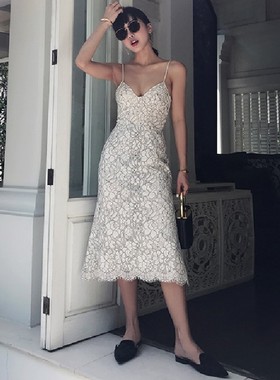 高端定制欧美女神吊带V领性感尤物蕾丝露背鱼尾裙chic低胸公主裙