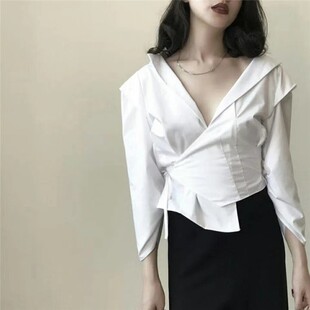 七分袖 V领衬衫 绑带白色百搭上衣 式 高端定制网红女神chic气质西装